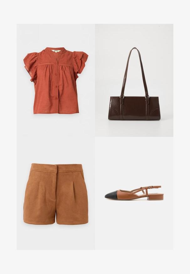 Blouse courte à manches courtes de couleur rouille avec fermeture boutonnée à l’avant, manches volantées et col rond avec un petit décolleté en V.; Shorts en faux suède brun avec un design ajusté, dotés de deux poches avant et de plis subtils, offrant une texture lisse et douce.; Steve Madden BELINDA - Ballerines à brides arrière - brown/black; Sac à main en cuir verni marron de forme rectangulaire, avec deux longues poignées et des accents courbés subtils à l'avant.