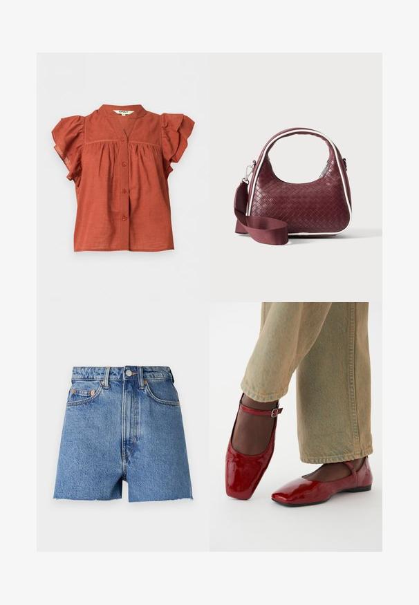 Rostfarbene kurzärmelige Bluse mit durchgehendem Knopfverschluss, gerafften Ärmeln und rundem Kragen mit kleinem V-förmigem Ausschnitt.; Helleblaue Jeansshorts mit hoher Taille, ausgefranstem Saum und kupferfarbenen Beschlägen. Ausgestattet mit zwei Vordertaschen und klassischem Fünf-Taschen-Design.; Rote Lacklederschuhe mit quadrater Zehenform, niedrigem Absatz und Knöchelriemen, kombiniert mit hellgrünen weiten Jeans. Glatte Textur, reflektierende Oberfläche.; Dunkelrote gewebte Ledertasche mit gebogenem Griff, weißem Besatz, silbernem Reißverschluss und abnehmbarem breitem Stoff-Schulterriemen vor einfarbigem Hintergrund.