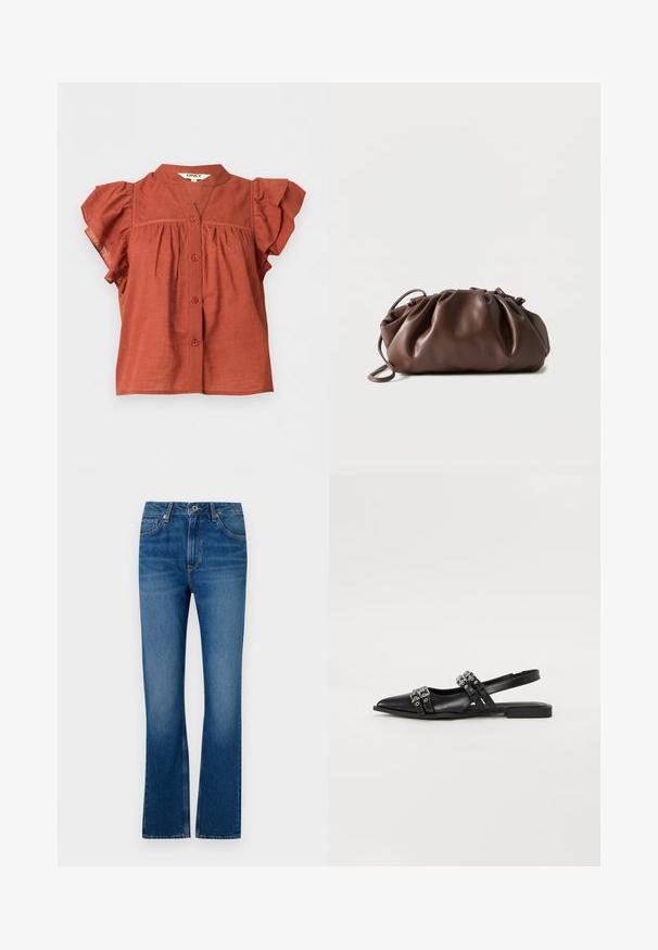 Blouse courte à manches courtes de couleur rouille avec fermeture boutonnée à l’avant, manches volantées et col rond avec un petit décolleté en V.; Jeans en denim bleu évasés avec un design à cinq poches, braguette zippée et texture délavée. Comprend des accents de couture et une taille standard.; Even&Odd by Zalando Ballerines à brides arrière - black; Sacoche en cuir marron doux avec un haut froncé et une fine bandoulière, posée sur un fond blanc.