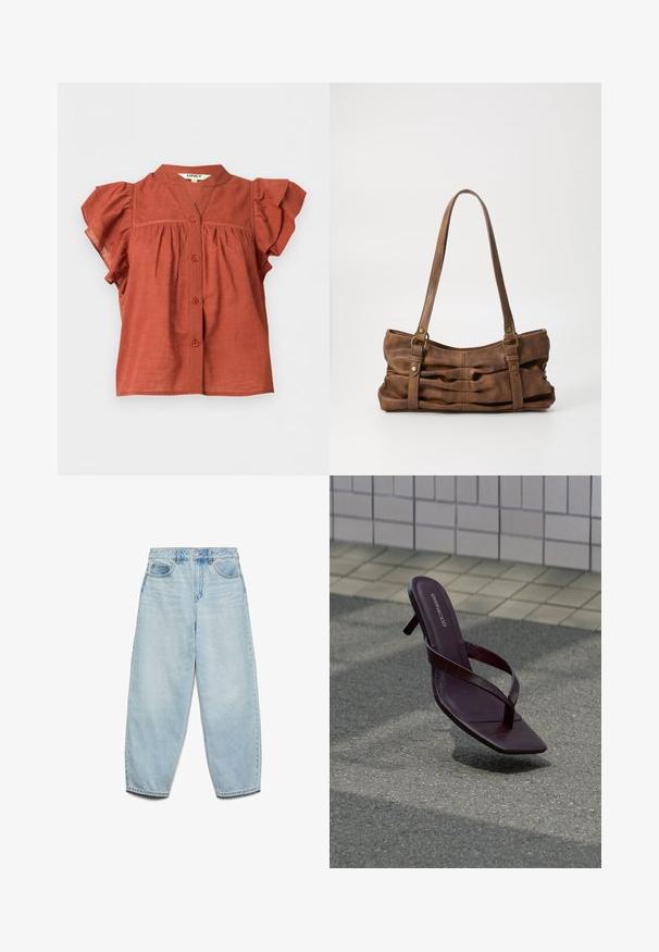 Blusa de manga corta color óxido con cierre de botones en la parte delantera, mangas con volantes y cuello redondo con un pequeño escote en forma de V.; Vaqueros de mezclilla azul claro con un corte relajado, cintura alta y piernas anchas, con una textura ligeramente desgastada y un clásico diseño de cinco bolsillos.; Sandalia de tacón marrón oscuro con puntera cuadrada y tiras delgadas flotando sobre un pavimento texturizado cerca de una pared con azulejos.; Even&Odd Bolso de mano - brown