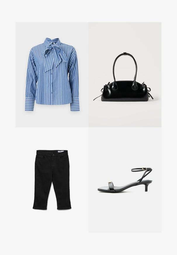Blau gestreiftes Hemd mit Knöpfen und Schleifenkrause, mit vertikalen weißen Streifen und kontrastierenden gestreiften Manschetten. Hergestellt aus einem Stoff mit glatter Textur.; Schwarze Denim-Capri-Hosen mit geradem Schnitt, Fünf-Taschen-Design und vorderem Knopfverschluss. Merkmale sind der gestickte Saum und die glatte Textur.; Schwarze Leder-Sandalette mit offenem Zehenbereich, niedrigem Kitten-Heel, dünnem Knöchelriemen mit goldfarbener Schnalle und dekorativem goldfarbenem Akzent am vorderen Riemen.; Kleine schwarze glänzende Handtasche mit zwei langen Griffen und seitlichen Kordelzug-Details vor einfachem hellem Hintergrund.