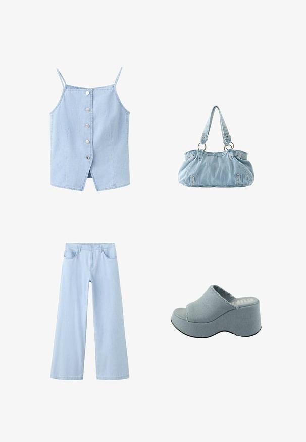 Hellblaues ärmelloses Denim-Top mit dünnen Trägern und fünf silbernen Knöpfen vorne, mit einem kleinen Schlitz vorne am Saum.; Hellblaue Jeans mit weitem Bein, Vorder-Taschen und Gürtelschlaufen, auf weißem Hintergrund dargestellt.; Helleblaue Plattform-Sandale mit ausgefranstem Obermaterial, offenem Zehendesign, dicker, gerundeter Sohle und strukturiertem grauem Laufsohlen.; Hellblaue Denim-Handtasche mit zwei Schulterriemen, die an Metallringen befestigt sind, sowie dekorativen Nieten vorne und an den Seiten.