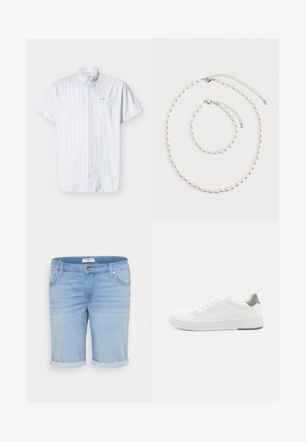 Kortærmet skjorte med knapper, med lodrette blå, beige og hvide striber og en brystlomme broderet med lille tekst.; Lysblå denimshorts med en let falmet finish, opfoldede bukseben, fem-lommer design og en metalknaplukning.; Hvid sneaker lavet af glat læder, rund tå, minimalistisk design, grå hælafsats og tekstureret gummisål.; Perle halskæde og matchende armbånd med sølv kæde låse arrangeret på en hvid baggrund.