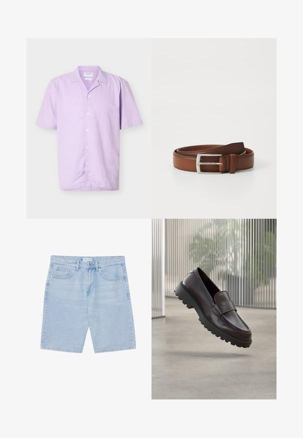 Korte mouw, overhemd met knopen in licht lavendel met een campkraag, zeven witte knopen en een gestructureerde stof.; Lichtblauwe denim shorts met een rechte pasvorm, voorzien van voorzakken, knoopsluiting en een verouderde afwerking. Klassiek vijfzakken ontwerp.; Bruine leren instapschoen met een afgeronde neus en een stevige zwarte rubberen zool. Voorzien van een decoratief bandje over de wreef.; Bruine leren riem met een gladde afwerking, voorzien van een metalen gesp in zilver en subtiele stiksels langs de randen. Tijdloos en duurzaam ontwerp.