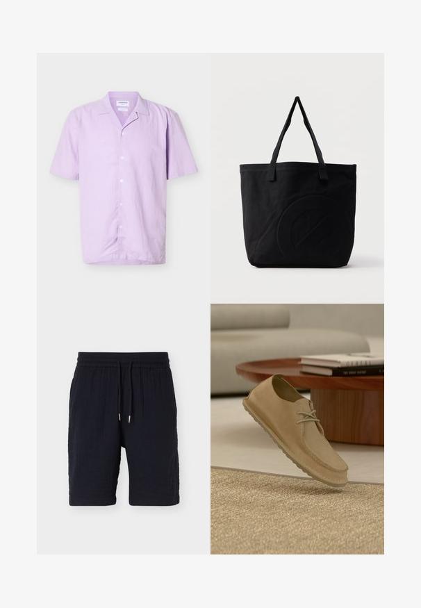 Chemise à manches courtes, boutonnée, couleur lavande claire avec un col style camp, sept boutons blancs et un tissu texturé.; Shorts décontractés noirs texturés avec taille élastique et cordons, longueur genou, présentés sur un fond clair uni.; Chaussure décontractée à lacets en daim beige flottant au-dessus d'un tapis texturé dans un salon moderne avec une table basse en bois et des livres.; Sac fourre-tout en toile noire avec deux bandoulières et un motif circulaire discret en relief sur le devant.