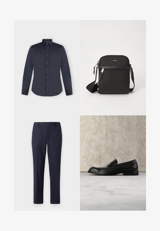 Donkerblauw herenoverhemd met lange mouwen, knoopsluiting, puntkraag en knoopmanchetten op een lichtgrijze achtergrond.; Marineblauwe broek van gladde stof, met een rechte snit, riemlussen en een enkele knoopsluiting in de taille.; Zwarte leren loafer met metalen accent, zwevend weergegeven boven een beige tapijt, met een ronde, amberkleurige tafel op de achtergrond.; Zwarte schoudertas van textuurstof, met logo aan de voorkant, ritssluiting en verstelbare schouderband. Voorzien van een gladde leren rand.