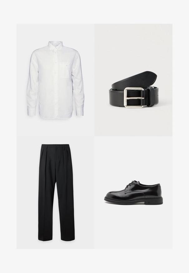 Chemise blanche à manches longues en coton, avec un col à rabat, une poche avant et une coupe régulière. Tissu texturé avec une surface lisse.; Pantalon noir taille haute, sur-mesure, avec passants pour ceinture, plis sur le devant, fermeture par bouton et jambes droites larges sur fond clair.; Chaussure habillée en cuir noir avec une finition lisse, bout rond et lacets. Présente une épaisse semelle noire et un détail de couture subtil le long du bord.; Ceinture en cuir noir à texture lisse, boucle en métal argenté, et design épuré et simple. Comprend des trous pour un ajustement réglable.