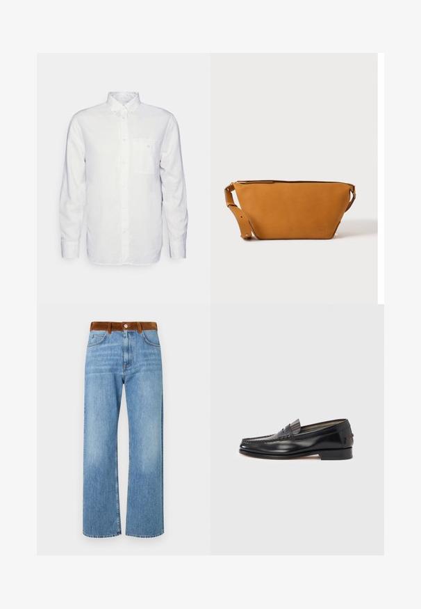 Chemise blanche à manches longues en coton, avec un col à rabat, une poche avant et une coupe régulière. Tissu texturé avec une surface lisse.; Jeans en denim bleu clair avec une coupe droite, dotés d'une taille en suède marron, de poches avant et d'une fermeture éclair.; Mocassins en cuir noir avec un design de style mocassin, présentant une bande décorative et un détail de couture sur le dessus. Talon bloc bas.; Sac bandoulière en cuir marron clair avec sangle réglable et fermeture éclair, présenté sur un fond clair uni.