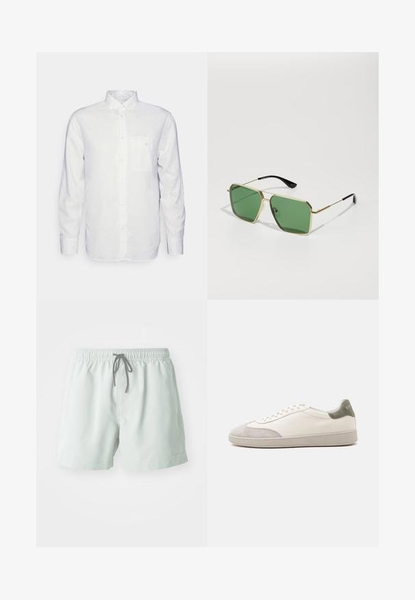 Chemise blanche à manches longues en coton, avec un col à rabat, une poche avant et une coupe régulière. Tissu texturé avec une surface lisse.; Shorts de bain vert clair avec une taille élastique, un cordon de serrage ajustable et des poches latérales. Texture lisse, longueur au-dessus du genou.; Baskets basses blanches avec accents en daim gris clair sur le bout et le talon, lacets blancs et semelle beige plate, vues de côté extérieur.; Lunettes de soleil en métal doré avec des verres verts, de forme géométrique, et des embouts de branches en plastique noir. Construction légère avec des accents subtils.