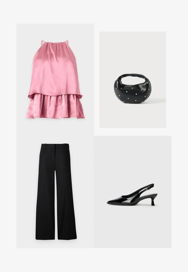Robe rose sans manches à volants avec fines bretelles et jupe fluide superposée sur un fond clair uni.; Pantalons larges noirs avec une texture lisse, présentant une taille structurée et un devant plat. Conçus pour un ajustement décontracté et confortable.; Escarpins en cuir verni noir avec un bout pointu et un petit talon carré. Sangle réglable à la cheville avec boucle.; Sac à main en cuir noir de forme arrondie, décoré de clous argentés et équipé d'une poignée courte. Texture lisse et fermeture éclair.