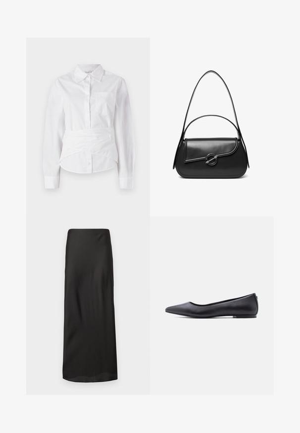 Weißes Langarmhemd mit Kragen, Knopfleiste vorne, kleiner Brusttasche und gewickeltem Design an der Taille. Glattes Baumwollgewebe.; Schwarzer Maxirock aus glattem, leichtem Stoff. Verfügt über eine gerade Silhouette mit einem elastischen Bund und ohne sichtbare Muster oder Verzierungen.; Schwarzer flacher Lederschuh mit spitzer Kappe und niedrigem Absatz, seitlich vor weißem Hintergrund gezeigt.; Schwarze Lederschultertasche mit einer geschwungenen Klappe, die durch einen runden Metallverschluss gesichert ist, und einem schlanken, verstellbaren Riemen.
