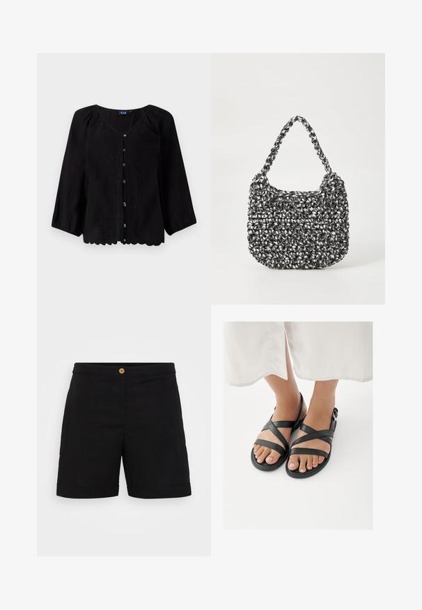 Schwarze Bluse mit Knöpfen, dreiviertel Ärmeln, V-Ausschnitt, strukturiertem Stoff und floralem Stickerei an der Vorderseite. Mit gewelltem Saumdetails.; Schwarze Leinenkurze mit einem schlanken Design, das einen einzelnen Holzknopf an der Taille und einen umgeschlagenen Saum aufweist. Sanfte Textur mit Seitentaschen.; Füße, die schwarze Riemchensandalen mit Knöchelriemen tragen, kombiniert mit einem weißen Kleidungsstück, das oberhalb der Knöchel endet, vor weißem Hintergrund.; Gewebte Handtasche in Schwarz und Weiß mit runder Form, strukturiertem Oberflächenfinish und geflochtener Grifffläche. Geeignet für den lässigen Gebrauch.
