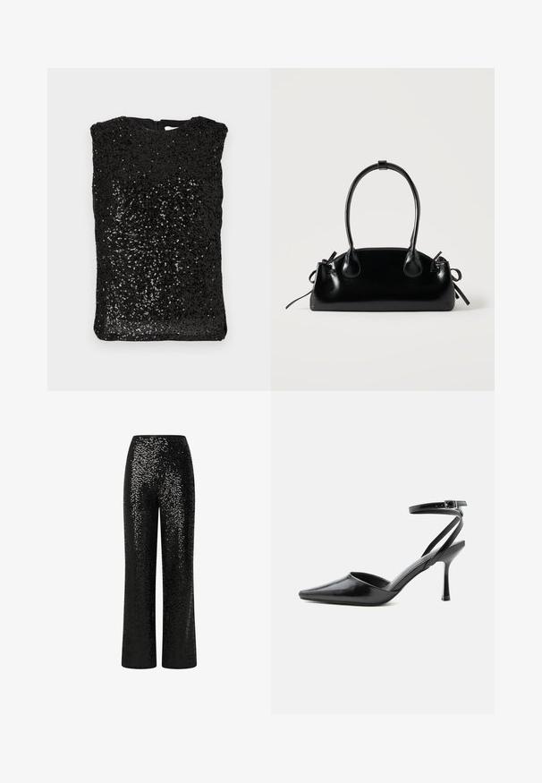 Haut sans manches noir recouvert de petites paillettes noires brillantes, avec un col rond et une fermeture éclair au dos, présenté à plat.; Pantalons en sequins noirs avec un design à jambe droite, présentant une taille lisse et une texture réfléchissante, créant un effet scintillant.; Escarpin noir à bout pointu avec fines brides de cheville et fermeture à boucle argentée sur fond clair uni.; Petit sac à main noir brillant avec deux longues anses et des détails à cordon sur les côtés sur un fond clair uni.