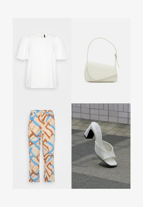 Blusa blanca de manga corta con un cuello redondo y suaves pliegues en las mangas. Textura suave con un detalle de cierre en la parte posterior con botón.; Pantalones con estampado en beige, con un diseño abstracto en azul y marrón. Fabricados con un material liviano y con un corte de pierna recta.; Un mule blanco de punta abierta con tacón cuadrado, sobre asfalto gris frente a una pared con azulejos.; Bolso de mano de imitación cuero blanco con una forma triangular estructurada, correa ajustable única y cierre con solapa acentuada en curva.