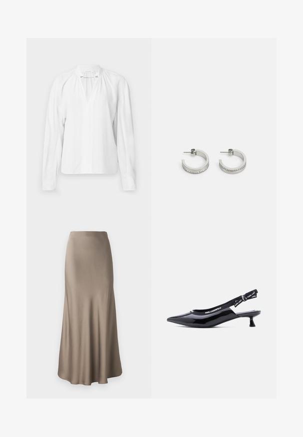 Blusa blanca de manga larga con escote en V, detalles fruncidos en el cuello y una tela suave y ligera. Diseño simple y minimalista.; Larga falda de satén marrón con una textura suave, que presenta una silueta fluida y un dobladillo ligeramente acampanado. Sin hardware visible ni patrones.; Zapato de charol negro estilo slingback con tacón bajo de aguja, punta puntiaguda y tirante elástico con la marca "KARL LAGERFELD".; Pendientes de aro plateados con una superficie lisa y una fila de pequeñas piedras transparentes a lo largo del borde inferior, con cierre de perno.