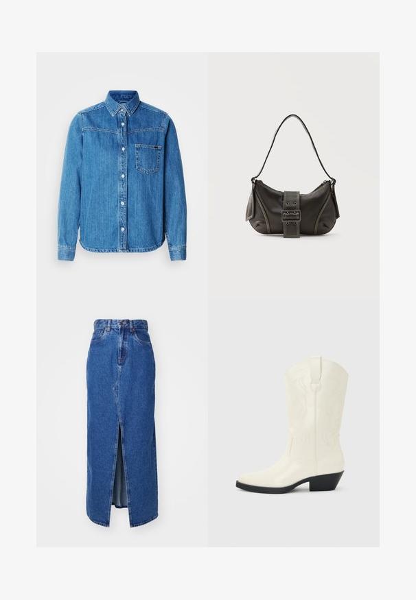 Blauw denim overhemd met knopen, een kraag, een voorzak en witte knopen. Heeft een licht gebogen zoom en lange mouwen.; Denim maxi rok in medium blauw met een voorste split, hoge taille en klassiek vijf-pocket ontwerp. Geweldige contraststiksels en een ritsluiting.; Witte westernlaars tot halverwege de kuit met puntige neus, zwarte gestapelde hak, decoratieve stiknaden en een lus aan de schacht.; Zwarte leren schoudertas met gespsluiting aan de riem, afgeronde hoeken en contrasterende witte stiksels op een effen achtergrond.