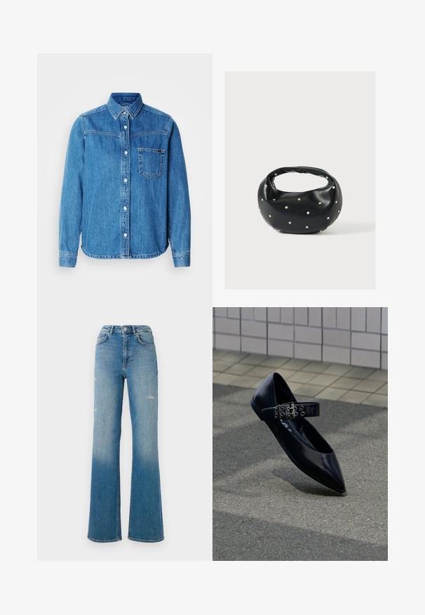 Blå denim skjorte med knapper, krave, brystlomme og hvide knapper. Har en let buet kant og lange ærmer.; Højtaljede blå denimjeans med let slid på lårerne, fem-lomme stil og en flared ben design.; Sort spids flad sko med bred rem med dobbelt sølvspænde og øjer, placeret opret på asfalt nær flisebelagt væg.; Sort læderhåndtaske med en rundet form, dekoreret med sølvnitter, og et kort håndtag. Glat tekstur og lynlåslukning.