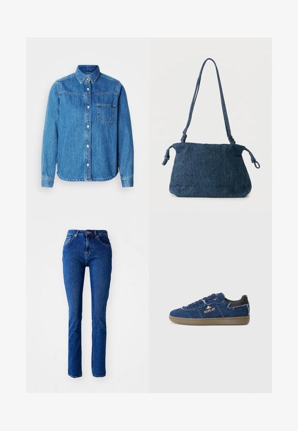 Sinine teksariidest nööpidega särk krae, esitasku ja valgete nuppudega. Omab kergelt kõverdatud serva ja pikad varrukad.; Sinised denim teksad, kitsas lõige, kõrge vöökoht, sirged sääred ja tikkimisdetailid. Omab nööpi ja luku sulgemist. Ilma lisakujundusteta.; Replay PYPER - Tossud - blue; Tumesinis teksariidest õlakott sõlmitud rihmaotstega ja lihtsa ristkülikukujulise vormiga valgel taustal.