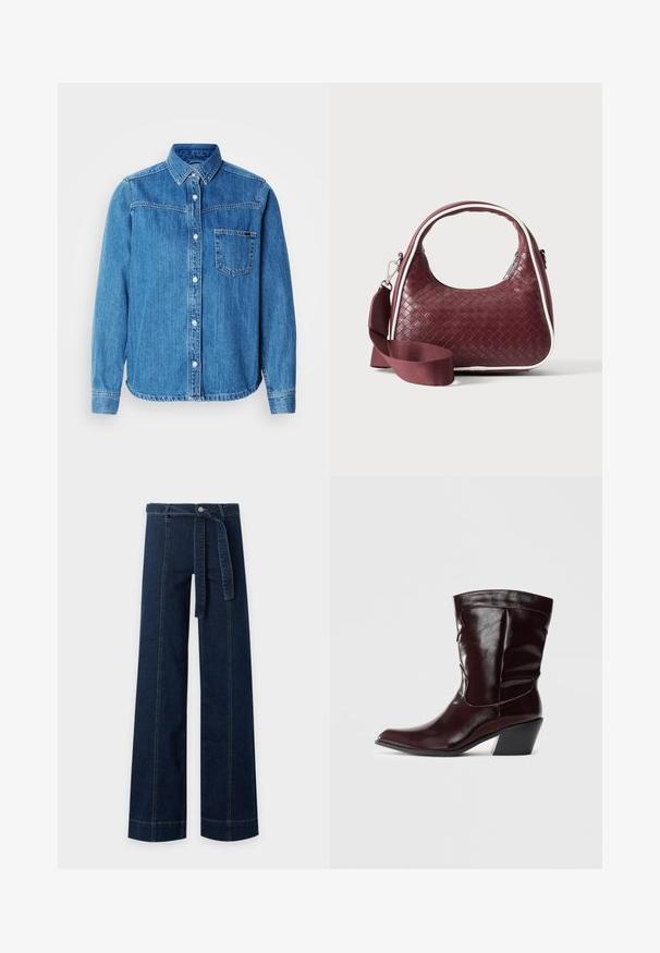 Blå denim skjorte med knapper, krave, brystlomme og hvide knapper. Har en let buet kant og lange ærmer.; Mørkeblå denim bukser med brede ben, frontsømsdetaljer og et matchende stofbælte bundet i taljen.; Bordeaux læder ankelstøvler med spids tå, tekstureret overflade og en lav, taperet hæl. Har diskrete søm og en tætsiddende pasform.; Mørkerød vævet lædertaske med buet hank, hvid kant, sølv lynlås og aftagelig bred stofskulderrem mod en ensfarvet baggrund.