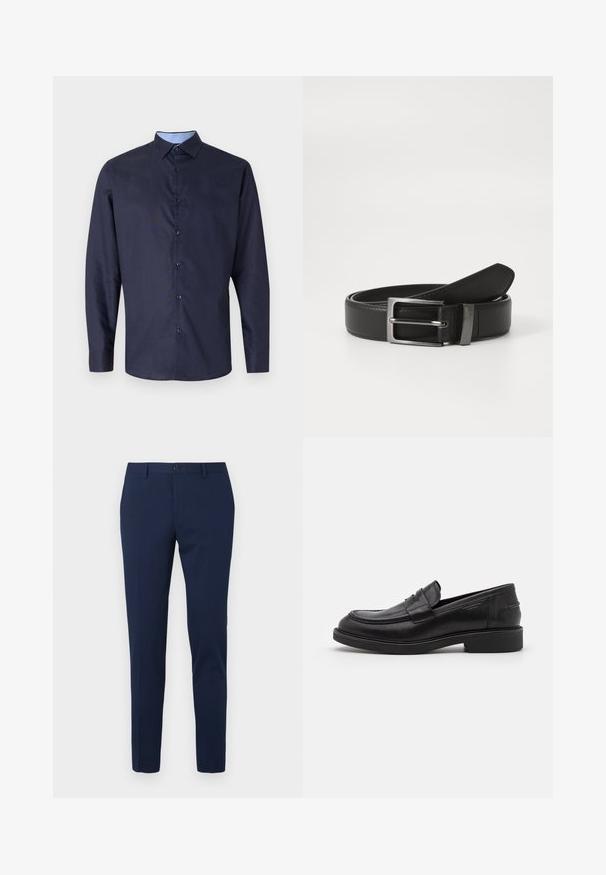 Marineblauwe langoorige shirt van gladde stof, met een klassieke kraag, knopen aan de voorkant en een lichtblauw ruitpatroon aan de binnenkant van de kraag.; Marineblauwe pantalon met een rechte pijp, gemaakt van een gladde stof. Voorzien van een knoopsluiting aan de voorkant en twee zijzakken.; Zwarte leren loafers met een ronde neus, ton-sur-ton stiksels en een banddetail aan de voorkant. Rubberen zool met een lage hak.; Zwarte leren riem met een zilveren metalen gesp, met een gladde afwerking en een klassiek ontwerp. De riem is netjes opgevouwen.