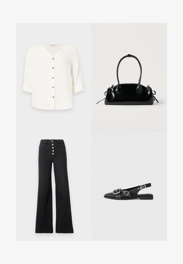 Witte blouse met textuur, V-hals, zes bruine knopen aan de voorkant en opgerolde driekwartmouwen tegen een effen achtergrond.; Zwarte high-waisted wijde jeans met vijf gouden knopen aan de voorkant en voorzakken, afgebeeld op een effen witte achtergrond.; Zwart leren slingback schoen met een spitse neus, twee zilveren gespen en een lage blokhak. Bevat een gemêleerde bovenkant en een open achterkant.; Kleine zwarte glanzende handtas met twee lange hengsels en zijkant trekkoord details op een effen lichte achtergrond.