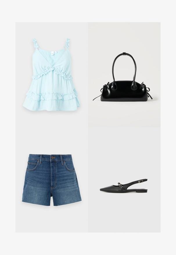 Débardeur bleu clair avec des bretelles volantes et des détails en fronces le long de l'ourlet. Fabriqué en tissu léger avec un design superposé.; Shorts en denim bleu moyen, avec une taille haute, quatre poches et des coutures. Texture lisse avec une coupe classique.; Chaussures slingback en cuir noir avec un bout pointu, comprenant une lanière étroite et un accent de boucle argentée sur le côté. Semelle plate.; Petit sac à main noir brillant avec deux longues anses et des détails à cordon sur les côtés sur un fond clair uni.