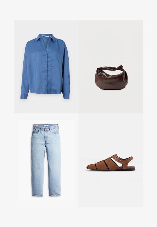 Chemise bleu clair à manches longues, avec col et coupe décontractée. Fabriquée dans un tissu lisse avec une subtile texture.; Jeans en denim droit taille haute bleu clair avec passants de ceinture, bouton avant, fermeture éclair et cinq poches.; Sandale en daim brun avec un design ouvert à l'avant, plusieurs découpes horizontales, une sangle de cheville ajustable et une semelle plate.; Sac bandoulière en cuir marron foncé avec une forme souple et décontractée et une anse nouée torsadée sur un fond blanc uni.