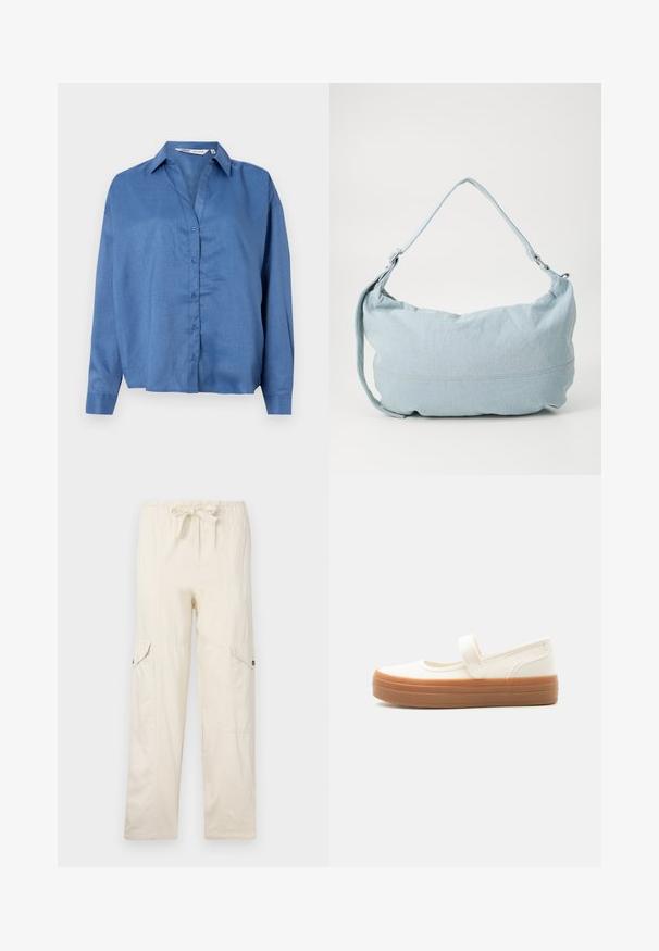 Vaaleansininen nappikauluspaidat, jossa on pitkät hihat ja rento istuvuus. Valmistettu sileästä kankaasta, jossa on hienovarainen rakenne.; Vaaleat beige cargo-housut, joissa on naru vyötäröllä, kaksi sivutaskua ja ommeltu yksityiskohtia. Valmistettu kevyestä puuvillamateriaalista.; Valkoinen canvas Mary Jane -kenkä, jossa paksu ruskea kumipohja ja yksi remmi päällä.; Vaaleansininen farkkukangasta olkalaukku, jolla on pyöreä muoto, säädettävä hihna ja hienovarainen ommel yläreunan ympärillä. Pehmeä tekstuuri.