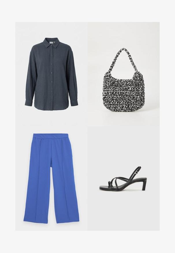 Camisa de manga larga de color gris oscuro con botones, cuello y mangas con puños, diseño liso, presentada sobre un fondo blanco.; Pantalones de pierna ancha hechos de una tela suave y elástica en un vibrante azul. Cuentan con una cinturilla plana y dos pliegues frontales para añadir un detalle de diseño.; Sandalia negra de tiras con punta cuadrada y tacón bajo de bloque. Presenta múltiples tiras delgadas y una correa ajustable en el tobillo. Fabricada en cuero suave.; Bolso de mano tejido en blanco y negro con forma redondeada, superficie texturizada y asa trenzada. Adecuado para uso casual.