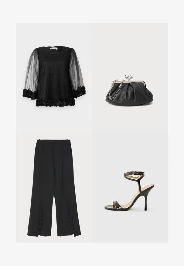 Blusa negra con un cuerpo de tela lisa, mangas abullonadas de tul y un borde de encaje floral en el dobladillo. Presenta un cuello redondo y un corte relajado.; Pantalones negros con un diseño de pierna ancha, que presentan acentos de volantes en las costuras laterales y una cinturilla plana. Textura de tela suave, corte a medida.; Sandalia de tacón alto de charol negro con tira delgada en el tobillo y hebilla, punta abierta y tacón aguja esbelto sobre fondo blanco.; Clutch de cuero negro con textura arrugada, marco de metal en tono plateado, cierre de beso y cadena para colgar. Superficie suave y lisa.