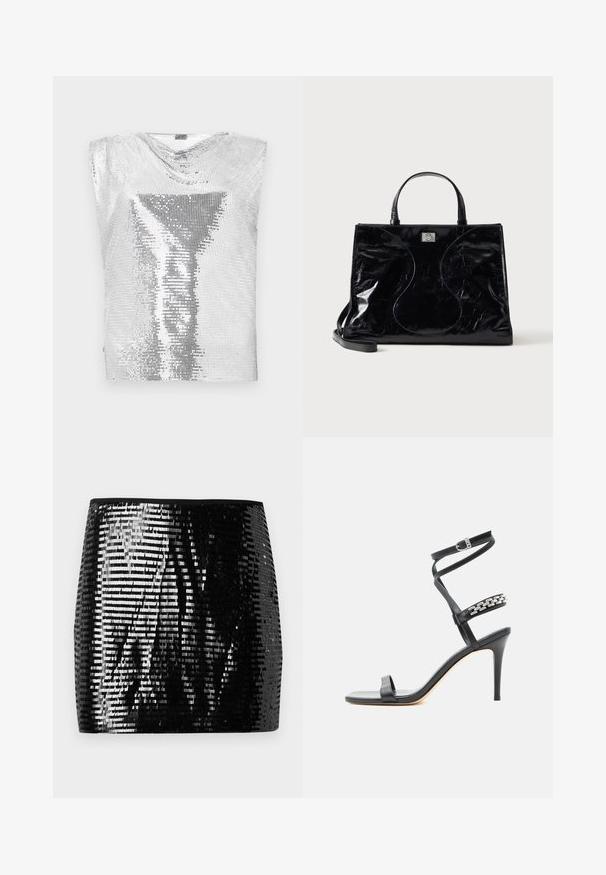 Rabanne Débardeur - silver-coloured; Jupe mini en sequins noirs avec une silhouette ajustée. Composée de sequins métalliques brillants disposés en rangées, réfléchissant la lumière. Bordée d'une taille noire unie.; Sandale noire à talon haut avec fine bride à la cheville, bride médiane décorée de maillons de chaîne argentés, et design à bout ouvert.; Sac à main en cuir noir brillant avec poignées courtes, bandoulière amovible et détails de couture discrètement courbés à l’avant.