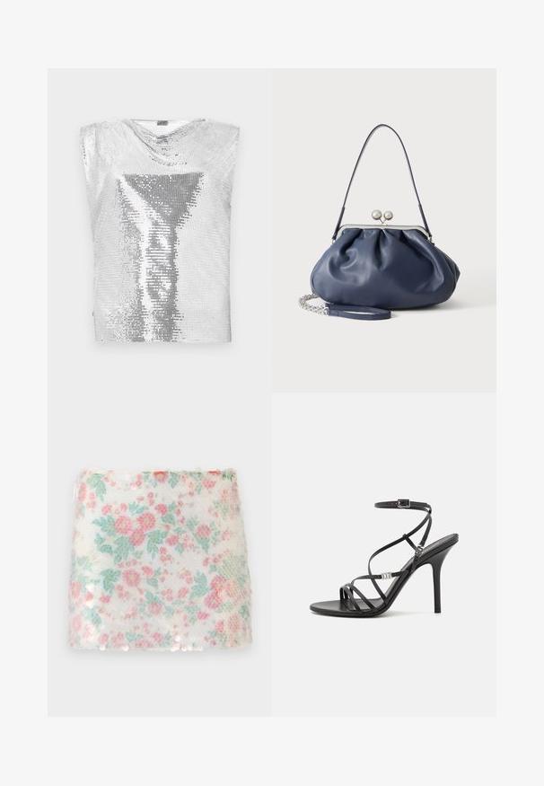 Rabanne Top - silver-coloured; Witte stof met bloemmotief, voorzien van pastelroze en groene bloemen, met een gestructureerd oppervlak en subtiele pailletten langs de onderrand.; Zwarte hoge hakken sandaal met dunne banden, een enkelgesp, een gladleren oppervlak en een slanke stilettohak.; Zachte navyblauwe leren handtas met zilveren sluiting, enkele schouderband en afneembare ketting polsband op witte achtergrond.