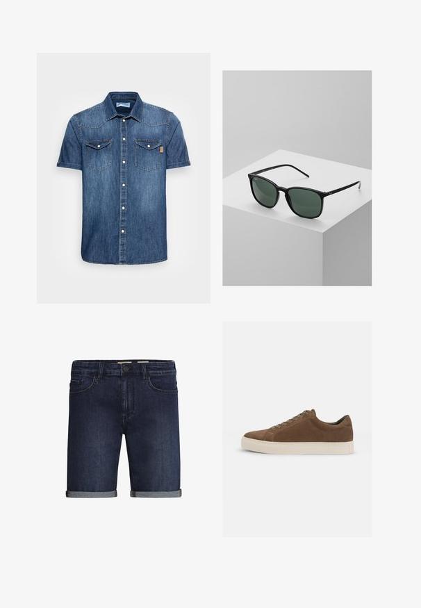 Pier One by Zalando Košeľa - dark blue; Džínsové šortky v tmavomodrej farbe, s klasickým dizajnom piatich vreciek, srolovaným lemom a zapínaním na gombík. Hladká textúra.; Hnedé semišové tenisky s viazaním, béžová gumová podrážka, guľatý špička a jemné švy na stranách.; Čierne obdĺžnikové slnečné okuliare s tmavozelenými šošovkami, so štíhlým plastovým rámom a striebornými akcentmi na spánkoch.
