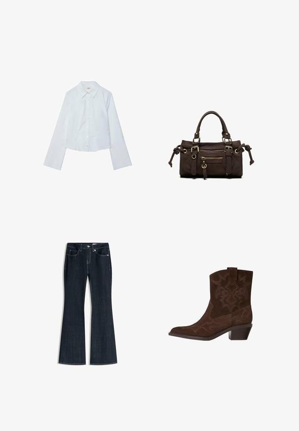 Hvid langærmet cropped skjorte, knaplukning foran med spids krave, glat tekstur og subtil glans, med en lige nederkant.; Mørkeblå denimjeans med høj talje, forlommer, knap- og lynlåslukning samt vide ben.; Brune ruskinds cowboystøvle med spids tå, dekorative syninger, ankelhøjde og en stablet hæl. Har en pull tab for nem påtagning.; Mørkebrun læderhåndtaske med dobbelte håndtag, forreste lynlåslomme, dekorative spænder og sideknuder på hvid baggrund.