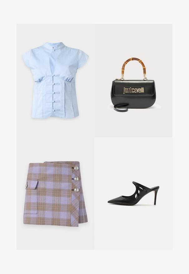 Lyseblå bluse med korte ærmer, mandarin-krave, frontudskæring og fem dekorative knapper af stof.; Rabanne Mini skirts - purple/orange/cream/blue; Sorte læder højhælede mules med spids tå, udskåret sideskærm og glat tekstur. Stiletthæl og subtil syning.; Sort læderhåndtaske med guld "Just Cavalli"-logo foran og buet bambushåndtag, med aftagelig lang rem.