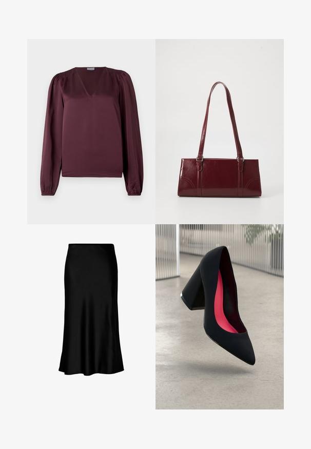 Blouse bordeaux avec un décolleté en V, des manches ballons longues et des détails smockés sur les épaules. Fabriquée en tissu lisse et léger.; Jupe midi en satin noir au toucher lisse, avec un ourlet évasé et une taille ajustée, arborant un design simple et classique.; Chaussure à talon haut noire avec un bout pointu et une tige texturée. Intérieur avec une doublure rose vif. Talon carré avec un accent métallique à la base.; Sac à main bordeaux en matériau brillant, de forme rectangulaire, avec deux anses et des accents légèrement courbés à l'avant.