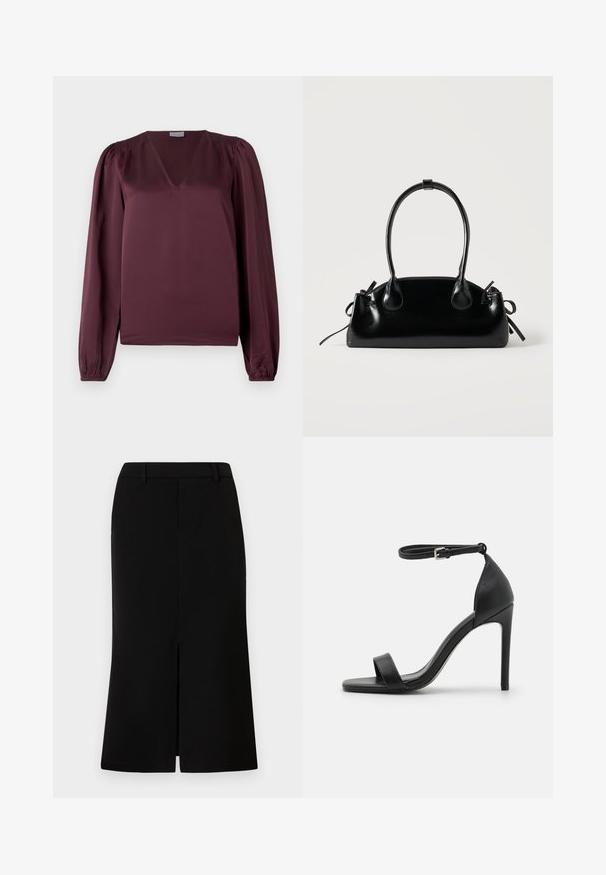 Blusa burdeos con escote en V, mangas largas abullonadas y detalle fruncido en los hombros. Confeccionada en un tejido suave y ligero.; Falda negra hasta la rodilla con una silueta recta, que presenta una abertura frontal, una textura suave y una cintura entallada.; Sandalia de tacón alto negra con un diseño elegante, que cuenta con una correa en el tobillo, punta abierta y una textura de cuero suave.; Pequeño bolso negro brillante con dos asas largas y detalles de cordón lateral sobre un fondo claro liso.