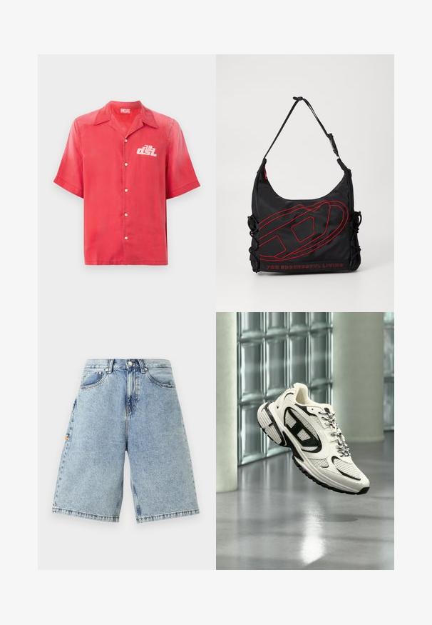 Kortærmet rød skjorte med knapper i et glat stof. Har en krave og et hvidt logo på venstre bryst. Enkel design, uden mønstre.; Blå denim shorts med høj talje, løs pasform, fem lommer og synlige sy-detaljer. Glat tekstur med en lys vaskefinish.; Hvid og sort atletisk sneaker med mesh-detaljer og mønstrede snørebånd, svævende i luften i et moderne indendørs rum med glasblokke.; Sort nylon skuldertaske med rød syning. Har en afrundet form, justerbar rem og teksten "FOR SUCCESSFUL LIVING" langs bunden.