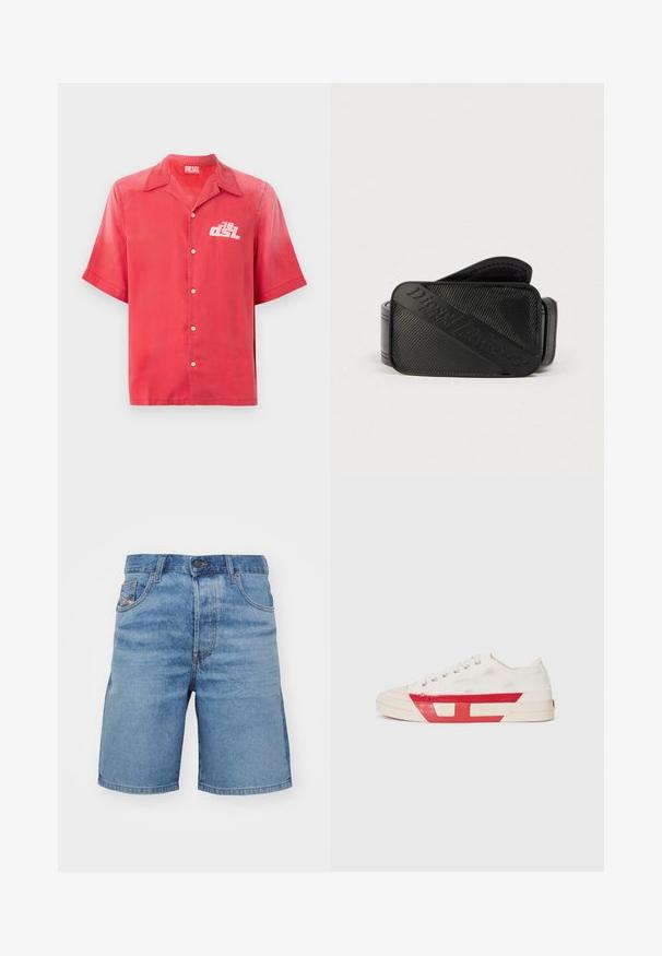 Chemise à boutons rouge à manches courtes en tissu lisse. Présente un col et un logo blanc sur la poitrine gauche. Design simple, sans motifs.; Shorts en denim bleu clair avec une coupe classique, un léger délavage, un design à cinq poches et des coutures couleur cuivre. Comprend une fermeture à bouton à l'avant.; Baskets en toile avec un dessus blanc, des accents en caoutchouc rouge et un design texturé. Elles présentent une tête arrondie et cinq œillets pour les lacets.; Ceinture noire présentant un design texturé avec un logo en relief bien visible. Le matériau semble lisse avec une finition en cuir.