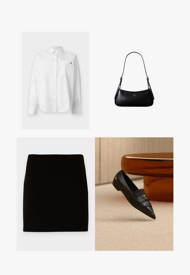 Chemise blanche à manches longues avec boutons, col pointu et poche avant avec petit logo noir "CK" sur la poitrine gauche.; Jupe mini noire en tissu lisse, présentant un design simple sans coutures ni ornements visibles. Lignes épurées et coupe droite.; Mocassin en cuir noir à bout pointu avec détail de franges, positionné sur un tapis beige près d'une table ronde en verre orange.; Mini sac à bandoulière en cuir noir avec une fine bandoulière et un petit logo CK doré au centre avant.