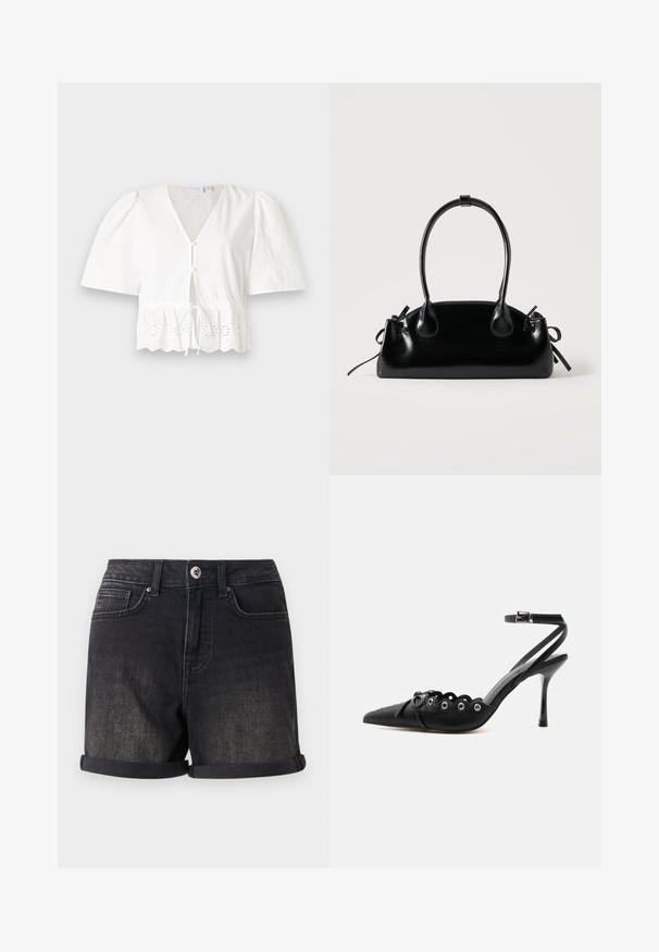 Blouse blanche à manches courtes avec un col en V, des boutons à l'avant et un cordon de serrage à la taille. Présente une bordure en dentelle avec des motifs floraux découpés à l'ourlet.; Shorts en denim noir avec un ourlet roulé, un design à cinq poches et une fermeture à bouton à l'avant. Le tissu a une finition légèrement délavée.; Chaussure à talon haut noire à bout pointu, bords festonnés, œillets métalliques, lacets à l'avant et bride de cheville avec fermeture à boucle.; Petit sac à main noir brillant avec deux longues anses et des détails à cordon sur les côtés sur un fond clair uni.