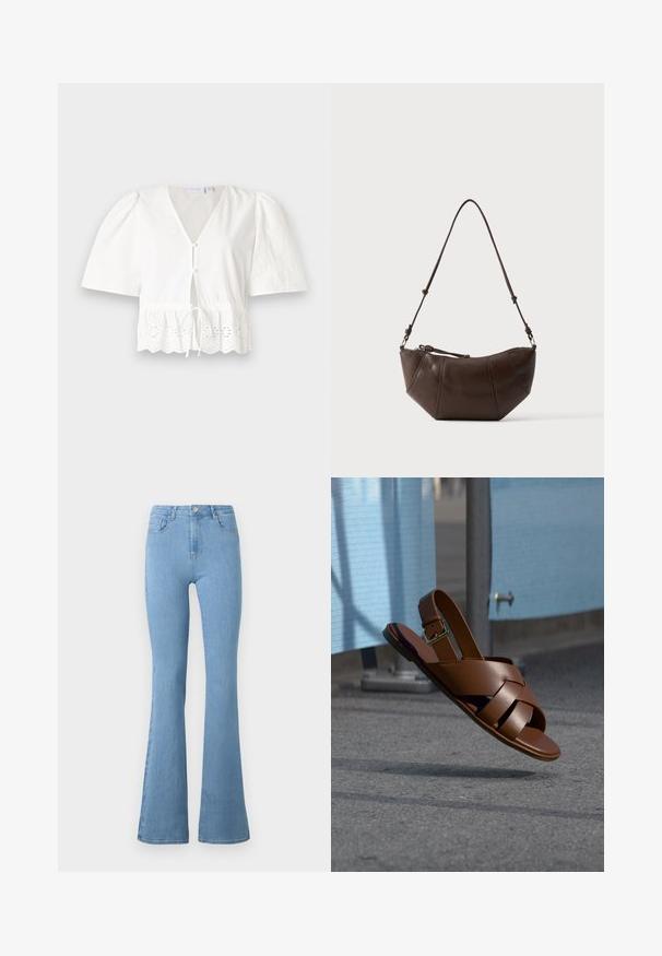 Blusa blanca de manga corta con cuello en V, botones en el frente y cintura con cordón. Presenta un borde de encaje con patrones florales recortados en el dobladillo.; Jeans de mezclilla de tiro alto en un azul claro, con piernas acampanadas, cinco bolsillos, cremallera frontal y cierre de botón metálico.; Sandalia de cuero marrón con tiras tejidas y hebilla en el tobillo, suspendida en el aire sobre un suelo pavimentado cerca de una barrera azul.; Bolso de hombro de cuero marrón con fondo curvado y correa ajustable sobre un fondo claro y liso.