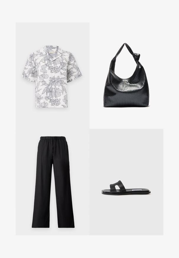 Camisa blanca de manga corta con botones, estampado floral dibujado con líneas negras y cuello esparcido sobre fondo liso.; Pantalones de pierna ancha negros, elaborados con un tejido ligero, que cuentan con una cinturilla elástica con cordón y una textura suave.; Sandalia plana negra con dos correas anchas, un detalle de corte en una de las correas y un acabado mate suave. Suela delgada y flexible.; Bolso de cuero trenzado negro con un diseño relajado, que presenta una correa anudada y un pequeño tachuela dorada decorativa en la parte superior.