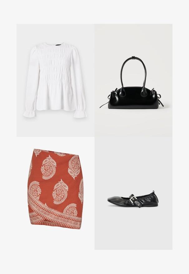 Witte blouse met lange mouwen, geblazerd textuur, ronde halslijn en gerimpelde manchetten. Lichtgewicht stof met een iets losse pasvorm.; Roestkleurige rok met witte paisley- en bloempatronen. Heeft een diagonale zoom en een ingewikkeld randontwerp langs de onderrand.; Zwarte leren platte schoen met een spitse neus, geplooide details rond de opening en een zilveren gespaccentueerde verstelbare band.; Kleine zwarte glanzende handtas met twee lange hengsels en zijkant trekkoord details op een effen lichte achtergrond.