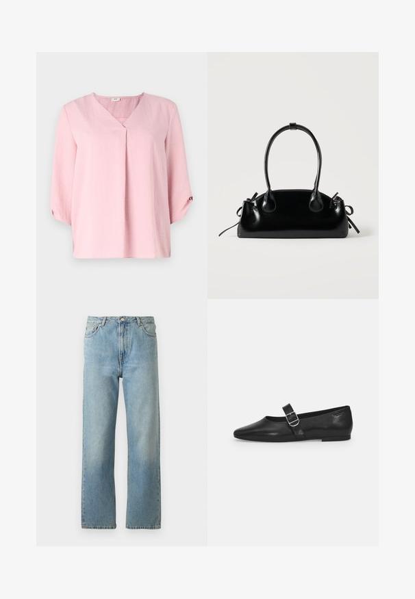 Rosa Bluse mit V-Ausschnitt, Dreiviertelärmeln und lockerer Passform. Hergestellt aus strukturiertem Stoff mit leichtem Glanz.; Hellblaue Denim-Jeans mit geradem Bein, ausgestattet mit einem Fünf-Taschen-Stil und einem Knopfverschluss am Bund.; Schwarzer Lederflatschuh mit runder Zehenform, einem verstellbaren Schnallenriemen und einer glatten, glänzenden Oberfläche. Minimalistisches Design mit einem niedrigen Absatz.; Kleine schwarze glänzende Handtasche mit zwei langen Griffen und seitlichen Kordelzug-Details vor einfachem hellem Hintergrund.