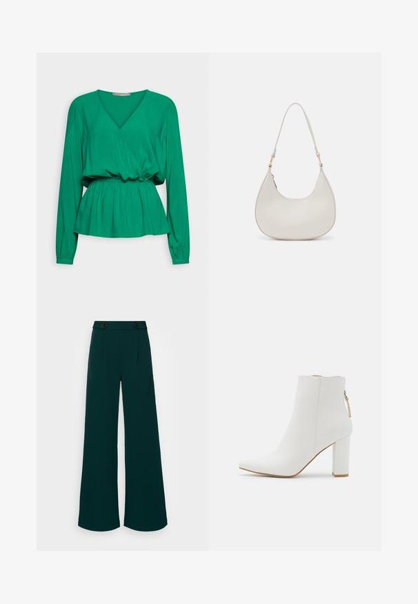 Anna Field PEPLUM - Blouse - green; Wijdbenige broek in donkerblauwe stof, met een hoge taille en dubbele knoopsluiting, scherpe plooien en een gladde, gestructureerde textuur.; RAID NETHRA - Lage laarzen - white; Crème leren schoudertas met een halve maan vorm, dunne schouderband en subtiele stiksels. Minimalistisch ontwerp met gouden hardware accenten.