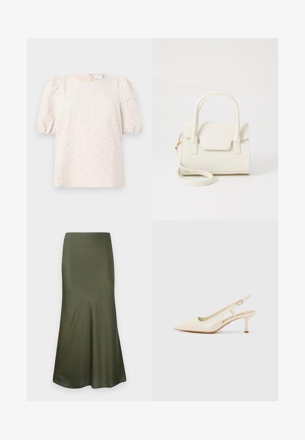 Blouse met pofmouwen in licht beige met bloemige borduursels. Heeft een ronde halslijn en een discrete ritssluiting aan de achterkant. Zachte, gestructureerde stof.; Olijfgroene, aansluitende midi-rok van satijnen stof, uitlopend aan de onderkant, gepresenteerd tegen een witte achtergrond.; Beige slingback hakken van soepel leer. Heeft een spitse neus, een uitsnijdingsontwerp en een lage cilindrische hak voor stabiliteit.; Kleine witte handtas met dubbele handvatten, voorflap en afneembare schouderband met gouden gesp op een effen witte achtergrond.
