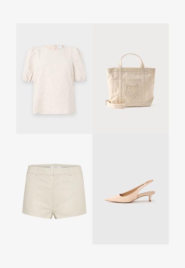 Blouse met pofmouwen in licht beige met bloemige borduursels. Heeft een ronde halslijn en een discrete ritssluiting aan de achterkant. Zachte, gestructureerde stof.; Beige leren shorts met een gladde textuur, voorzien van een aansluitende taille, riemlussen en subtiele stiksels aan de voorkant. Eenvoudig, hedendaags ontwerp.; Naakte leren slingback-hakken met een puntige neus en een kleine kittenhak. Gladde textuur, minimalistisch ontwerp en een ademende open achterkant.; Beige canvas tas met twee handvatten, een afneembare schouderriem en een geborduurd wolfshoofd op het voorvak.