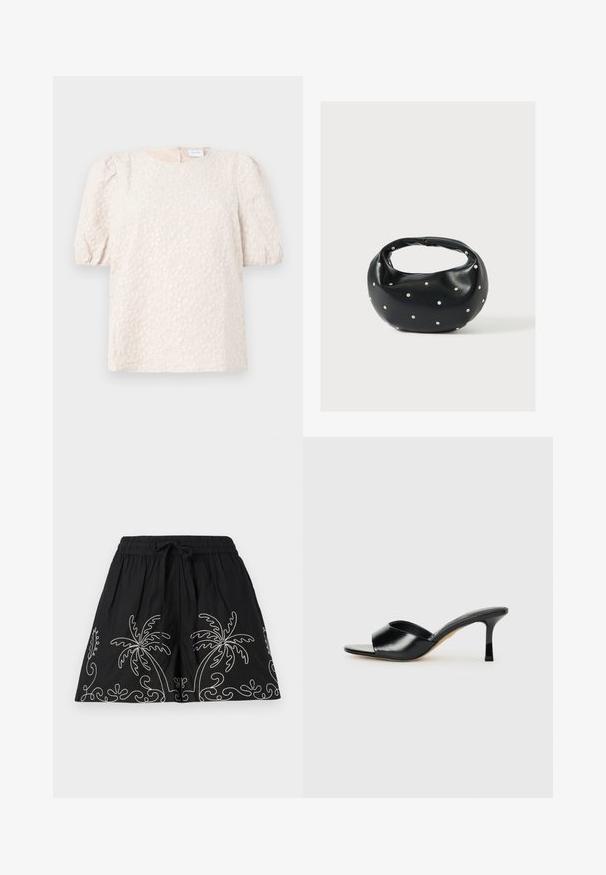 Pufærmet top i lys beige med blomsterbroderi. Har en rund halsudskæring og en diskret lynlås i ryggen. Blødt, tekstureret stof.; Sorte bomuldsshorts med elastisk linning og snøre. Har hvide broderede palmetræsmotiver langs kanten.; Sorte læder højhælede mules med open-toe design og en bred, buet overdel. Glat tekstur og slank silhuet.; Sort læderhåndtaske med en rundet form, dekoreret med sølvnitter, og et kort håndtag. Glat tekstur og lynlåslukning.