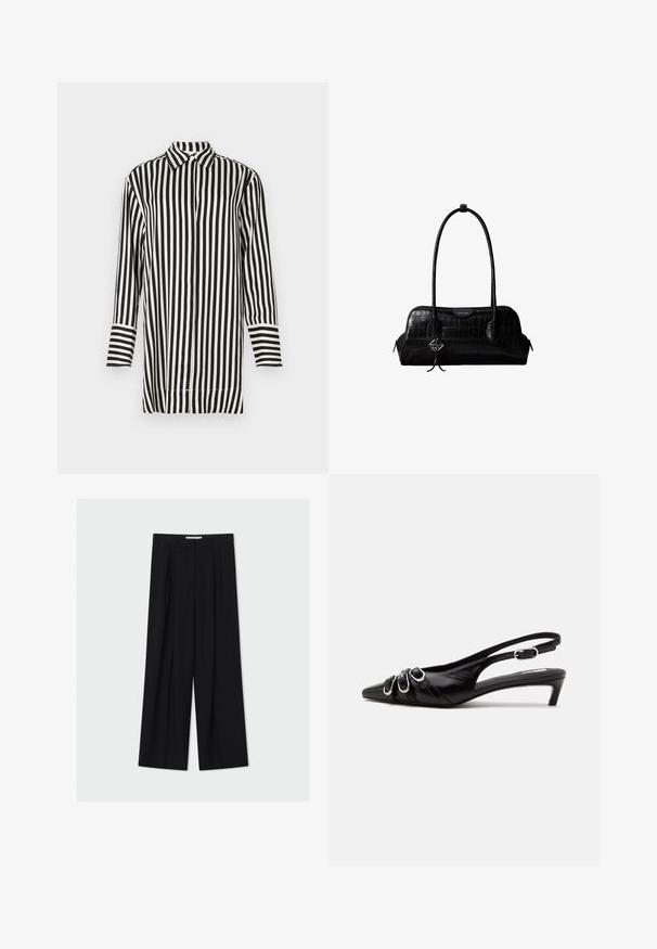Chemise à rayures noir et blanc avec un col pointu, des manches longues et un devant boutonné. Caractéristiques de rayures larges et étroites alternées.; Pantalon noir taille haute à jambes larges avec passants de ceinture et plis devant, présenté sur un fond gris clair.; Chaussure slingback en cuir noir avec bout pointu, trois boucles argentées à l'avant et petit talon kitten sur fond blanc.; Sac à épaule en cuir noir à texture crocodile, avec de longues sangles et un petit charm logo argenté sur une sangle.